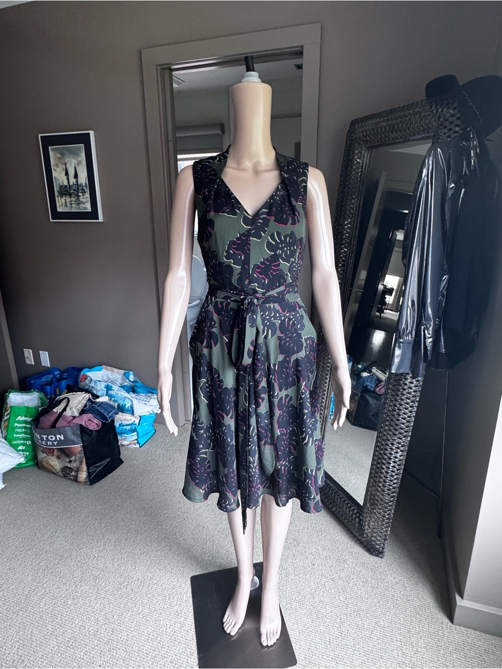 Tahari Olive Floral Midi Dress with Tie Waist